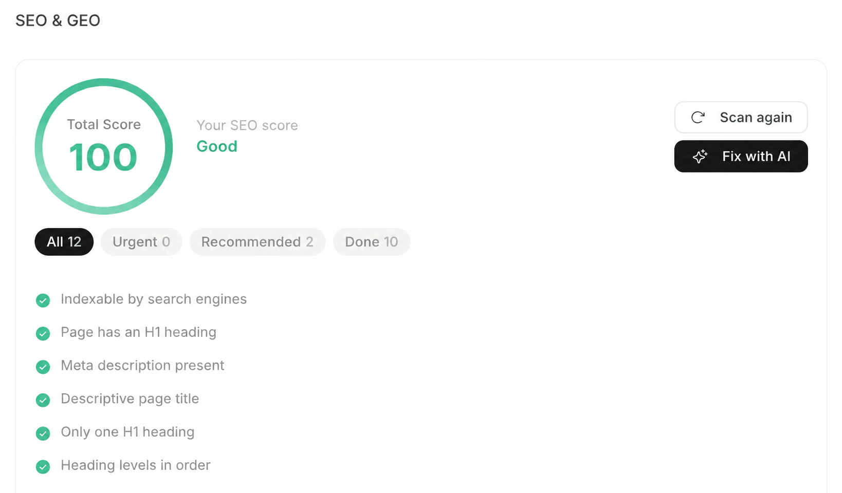 SEO and GEO dashboard demo. The SEO score of 100 is illustrative.